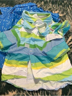 Top-Paw Pet shirts Striped Short Sleeve Button Up Shirt in Blue, Green & White